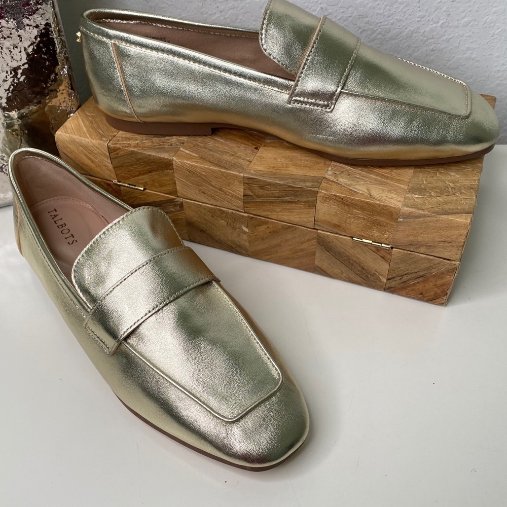 Talbots Audrey Metallic Gold Nappa Square Toe Loafer Flats Size 9M